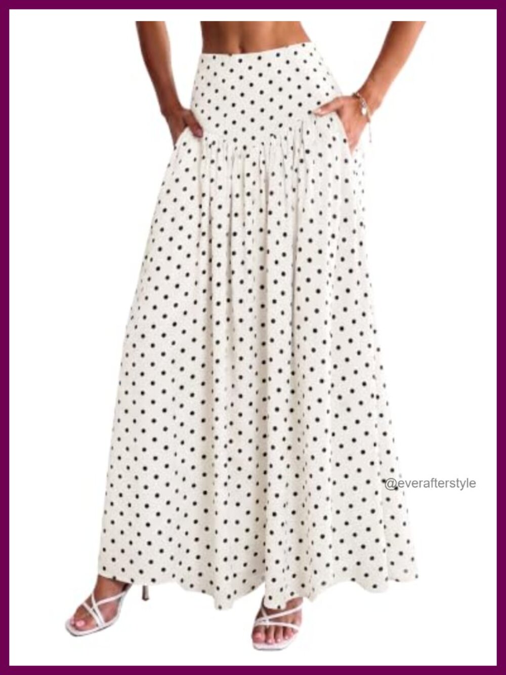 Polka Dot Maxi Skirt A-Line Flowy Pleated High Waist Pockets Viscose Blend